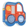 Livre sonore en forme de camion de pompiers rouge et bleu, roues illustrées.