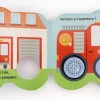 Livre cartonné ouvert avec camion de pompiers rouge et maison pompiers dessinés