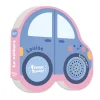 Livre cartonné en forme de voiture bleue avec contours roses, haut-parleur intégré.