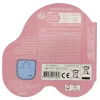 Dos de boîte rose en forme de voiture avec texte blanc et volet pile bleu.