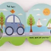 Livre en forme de voiture bleue avec paysage coloré et haut-parleur sonore
