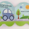 Livre en forme de voiture bleue avec illustrations et haut-parleur sonore.