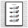 Poster illustrations voiture DeLorean DMC 12 argentée, styles et dates variées.