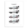 Poster DeLorean DMC 12 avec quatre évolutions du véhicule mythique, fond blanc.