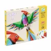 Oiseaux colorés en origami avec plumes vertes, rouges, bleues et jaunes, Poster 3D Amazonie Djeco.