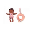 Poupée de bain Lena peau foncée avec maillot rayé et anneau de bain licorne pêche