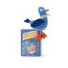 Poupée hochet pigeon Michel bleu et orange avec écharpe verte, boîte illustrée
