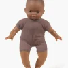 Poupée Oscar Babies 28 cm peau foncée, vêtue d'un body marron en tissu