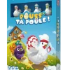 Boîte de jeu Pouss' ta poule avec quatre poules blanches colorées en plastique.