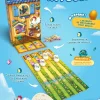 Boîte et plateau du jeu Pouss' ta poule avec poules blanches et jetons colorés.