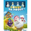 Boîte de jeu Pouss' ta poule avec quatre poules blanches colorées en plastique.