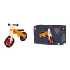 Draisienne Little Bikloon en bois orange et rouge avec selles noire, boîte produit.