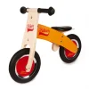 Draisienne Little Bikloon en bois, cadre orange, roues rouges, poignées noires.