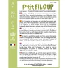 Boîte arrière du jeu P'titi Filoup avec instructions en six langues et icônes vertes.