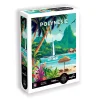 Boîte puzzle 1000 pièces Polynésie française, illustration bateau, plage et montagne verte.