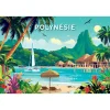 Paysage tropical coloré Polynésie française puzzle 1000 pièces, plage, montagnes, bungalows et voilier blanc.