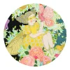 Puzzle rond 54 pièces, fille en robe jaune à pois, souris papillon rose, fleurs et feuillage vert