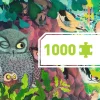 Puzzle 1000 pièces Djeco avec hiboux, chauves-souris et oiseaux colorés en forêt.