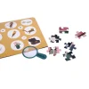 Puzzle 200 pièces L'hôtel particulier avec loupe, illustrations d'animaux et objets colorés.
