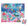 Puzzle 24 pièces Sirènes Janod, sirènes colorées, animaux marins, fond océan bleu rose.