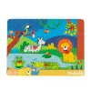 Puzzle sonore en bois Les Toupitis avec lion, zèbre, crocodile et perroquet colorés.
