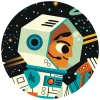 Astronaute en combinaison blanche et bleue tenant un pistolet laser orange, fond étoiles noirs.