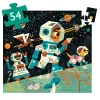 Puzzle 54 pièces Djeco avec astronaute, chien en combinaison spatiale et robot coloré.