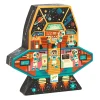 Puzzle Djeco 54 pièces en forme de station spatiale avec astronautes colorés.
