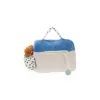 Radio cassette musical Puce et Pilou en tissu bleu, beige avec motif pois noirs et peluche brune.