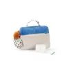 Radio cassette musical Puce et Pilou en tissu velours bleu et beige, micro blanc.