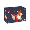 Renard à promener en bois orange et blanc avec roues rouges et clochette.