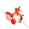 Renard en bois orange et blanc à promener avec roues rouges et corde verte.