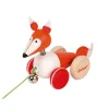 Renard à promener en bois orange et blanc avec roues rouges et balle métallique