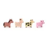 Quatre animaux de la ferme aimantés en bois : cheval, lama, vache, cochon rose.