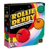 Boîte jeu Rollie Derby avec billes rouges, orange, verte souriantes sur fond coloré.
