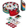 Jeu Rollie Derby Gigamic avec arène ronde, billes colorées, cartes illustrées et jetons rouges.