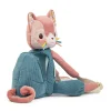 Sac à dos doux Jeanne le chat en peluche rose et bleu, tissu côtelé, oreilles à motifs fleurs.