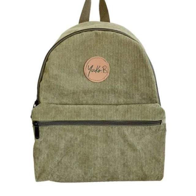 Sac à dos vintage Soo forest vert kaki effet velours côtelé avec patch rond Yoko.B