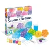 Boîte Savons d'Artistes Sentosphère avec savons colorés en formes de fleurs et accessoires.