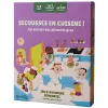 Boîte violette jeu Secousses en cuisine, personnages dessinés cuisinant, expressions étonnées, cuisine colorée.