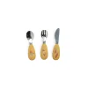 Set couverts bébé Trois petits lapins, manches silicone jaunes avec légumes dessinés