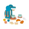 Machine à café en bois bleue avec tasses, croissant, tranches de pain et petits pots colorés Set du petit déjeuner Janod.