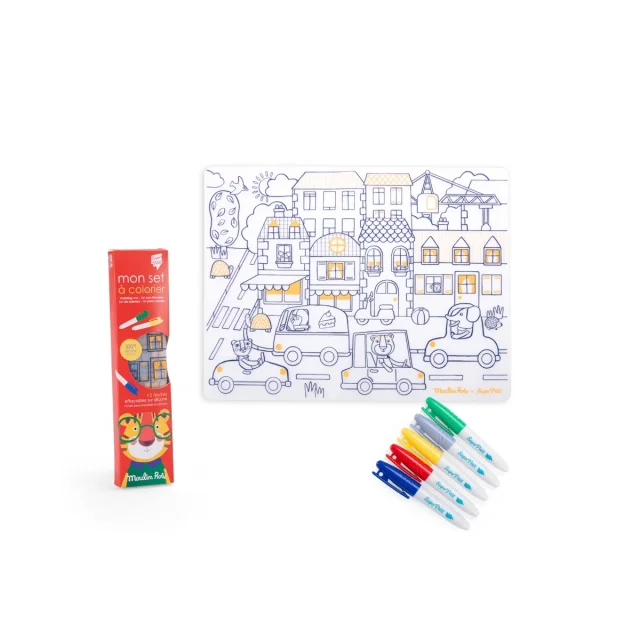 Set en silicone à colorier Moulin Roty avec feutres rouge, jaune, vert, bleu, gris