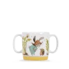 Tasse en porcelaine blanche avec anses, lapin en salopette verte et hérisson, base jaune, décor nature