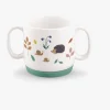 Tasse double anse en porcelaine blanche avec hérisson, escargots et feuilles colorées