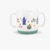 Tasse porcelaine blanche avec anses, motifs nature colorés et base verte