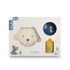 Set vaisselle silicone Puce et Pilou, assiette chien beige, bol bleu, gobelet jaune Moulin Roty.