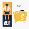 Boîte jaune et bleue Speedbac avec illustration personnage et cartes jaunes lettres G, N, C, R.