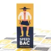 Boîte jaune et bleu du jeu Speedbac avec illustration homme chapeau noir et bottes jaunes.