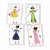 Quatre illustrations paperdolls Djeco, robes colorées des quatre saisons avec oiseaux et fleurs.
